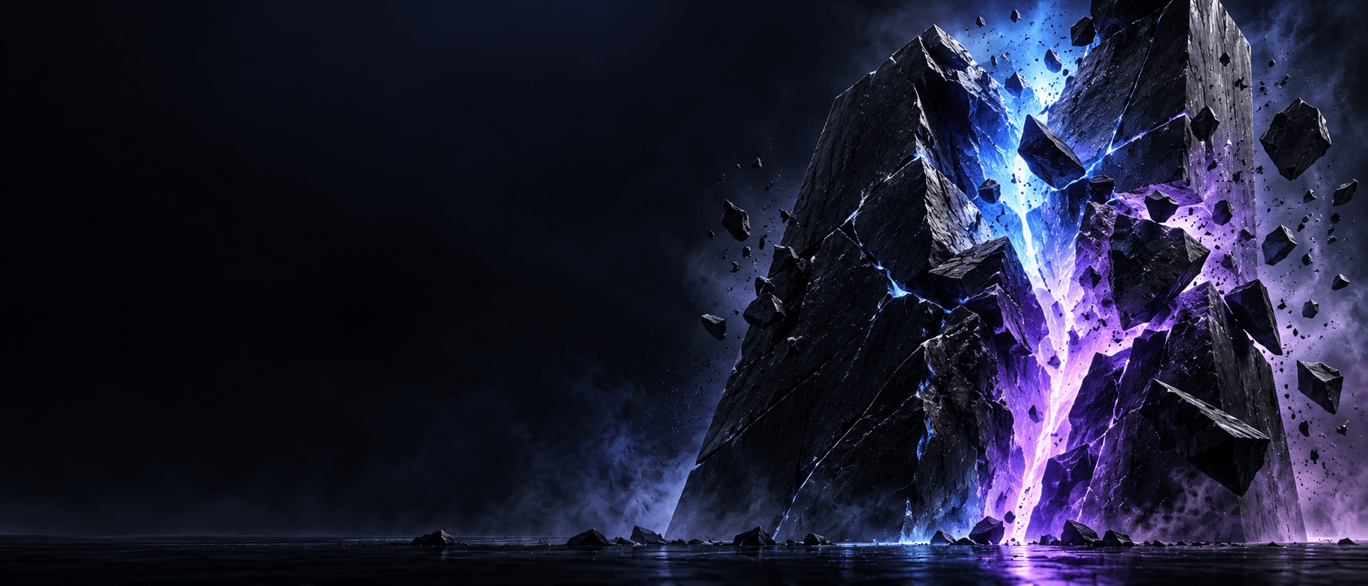 Fractured obsidian monolith glowing with electric blue and violet light.